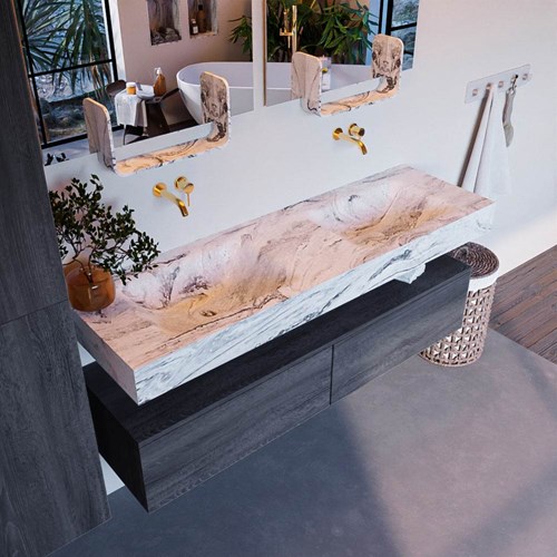 ALAN-DLUX 150cm mueble de baño Antracite 2 cajones. Lavabo CLOUD Doble sin orificios color Glace.