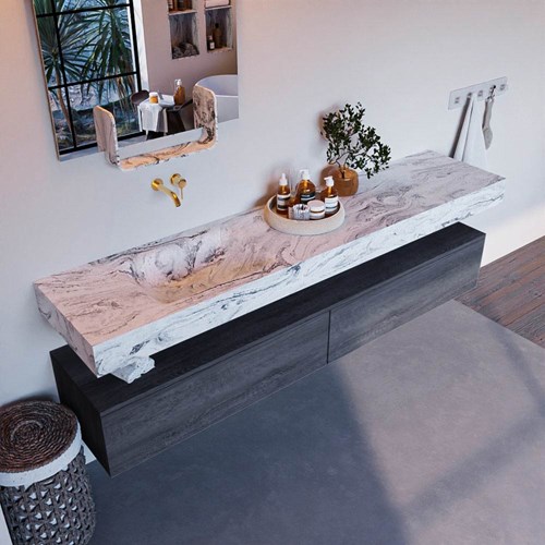 ALAN-DLUX 200cm mueble de baño Antracite 2 cajones. Lavabo CLOUD Izquierda sin orificios color Glace.