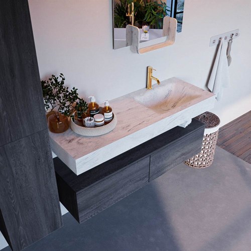 ALAN-DLUX 130cm mueble de baño Antracite 2 cajones. Lavabo CLOUD Derecho 1 orificio color Opalo.