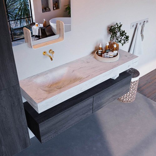 ALAN-DLUX 150cm mueble de baño Antracite 2 cajones. Lavabo CLOUD Izquierda sin orificios color Opalo.