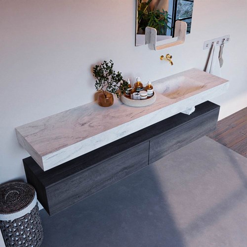 ALAN-DLUX 200cm mueble de baño Antracite 2 cajones. Lavabo CLOUD Derecho sin orificios color Opalo.