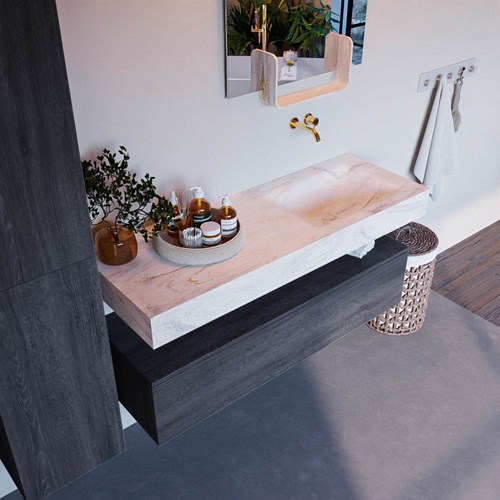 ALAN-DLUX 130cm mueble de baño Antracite 1 cajón. Lavabo CLOUD Derecho sin orificios color Ostra.
