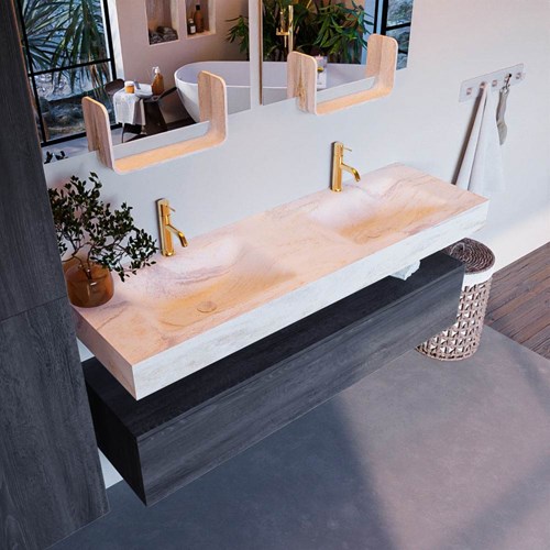 ALAN-DLUX 150cm mueble de baño Antracite 1 cajón. Lavabo CLOUD Doble 2 orificios color Ostra.