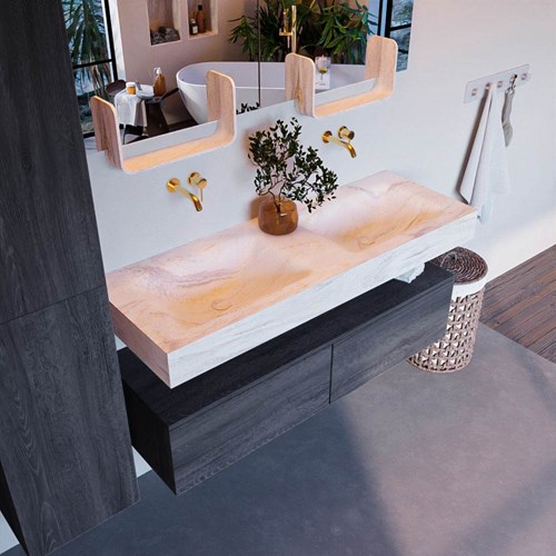 ALAN-DLUX 130cm mueble de baño Antracite 2 cajones. Lavabo CLOUD Doble sin orificios color Ostra.
