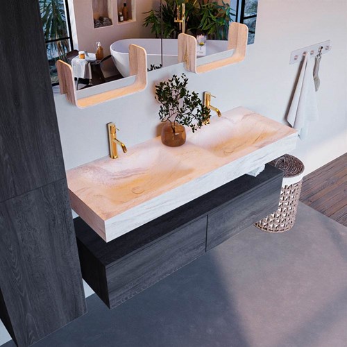 ALAN-DLUX 130cm mueble de baño Antracite 2 cajones. Lavabo CLOUD Doble 2 orificios color Ostra.