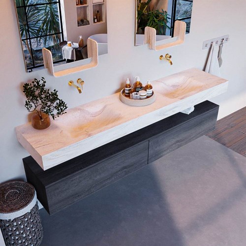 ALAN-DLUX 200cm mueble de baño Antracite 2 cajones. Lavabo CLOUD Doble sin orificios color Ostra.
