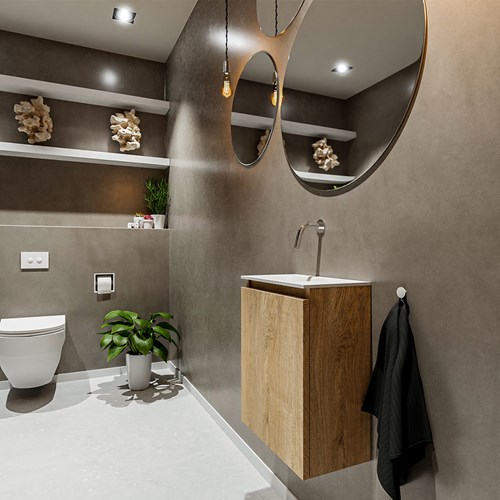TURE 40cm toiletmeubel Washed Oak. EDEN wastafel Talc positie Links zonder kraangat.