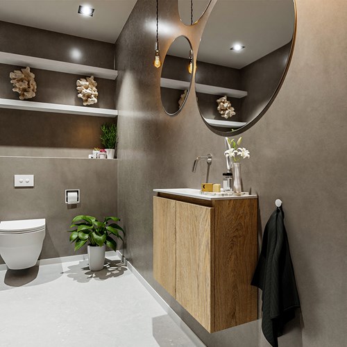 TURE 60cm mueble fondo reducido Washed Oak. EDEN lavabo posición Izquierda sin orificio color Talc.
