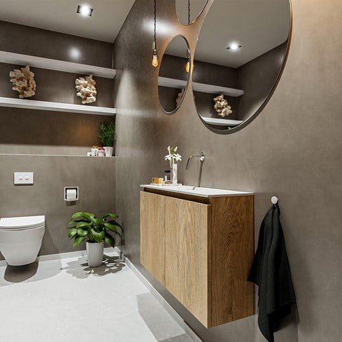 TURE 80cm mueble fondo reducido Washed Oak. EDEN lavabo posición Centro sin orificio color Talc.