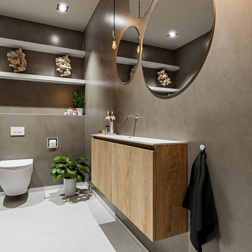 TURE 120cm mueble fondo reducido Washed Oak. EDEN lavabo posición Centro sin orificio color Talc.