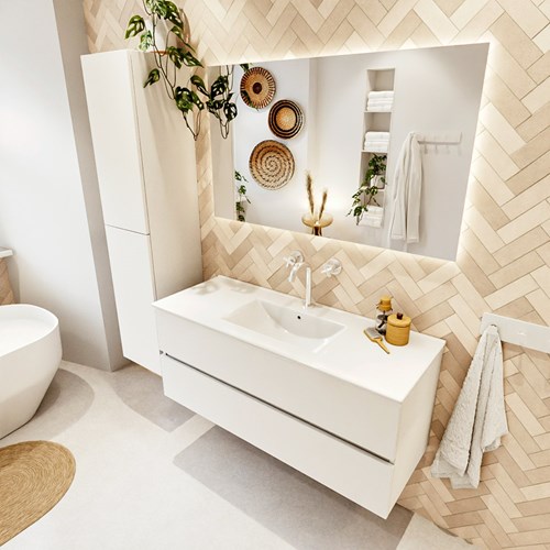 VICA 120cm mueble de baño Talc 2 cajones. Lavabo DENIA Centro 1 orificio, color Blanco brillo.
