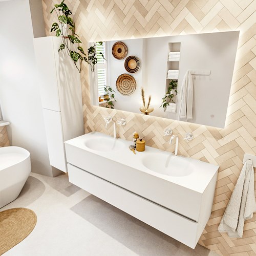 VICA 150cm mueble de baño Talc 2 cajones. Lavabo MOON Doble 2 orificios, color Talc.
