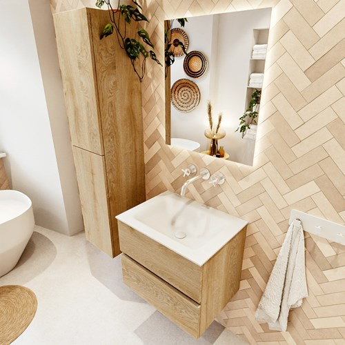 VICA 60cm mueble de baño Washed Oak 2 cajones. Lavabo CLOUD Centro sin orificio, color Talc.