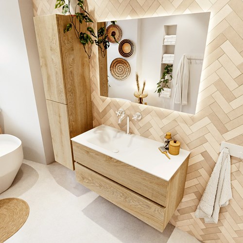 VICA 100cm mueble de baño Washed Oak 2 cajones. Lavabo CLOUD Izquierda 1 orificio, color Talc.