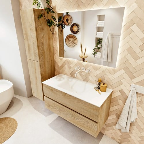 VICA 100cm mueble de baño Washed Oak 2 cajones. Lavabo CLOUD Centro sin orificio, color Talc.