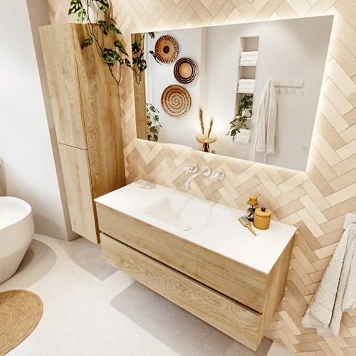VICA 120cm mueble de baño Washed Oak 2 cajones. Lavabo CLOUD Centro sin orificio, color Talc.