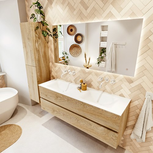 VICA 150cm mueble de baño Washed Oak 2 cajones. Lavabo CLOUD Doble sin orificio, color Talc.