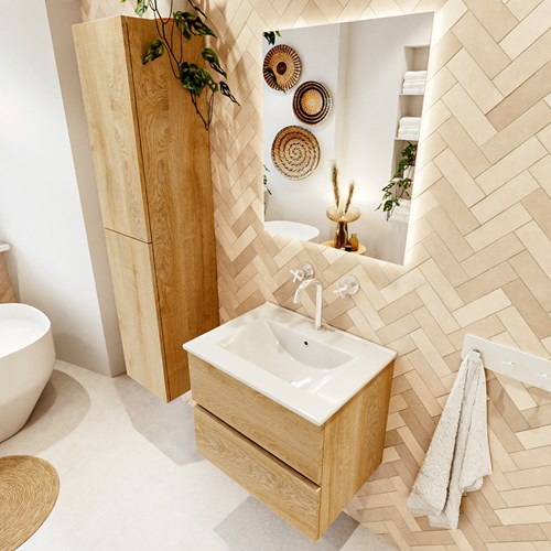 VICA 60cm mueble de baño Washed Oak 2 cajones. Lavabo DENIA Centro 1 orificio, color Blanco brillo.