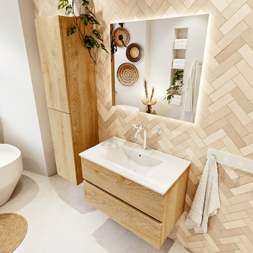 VICA 80cm mueble de baño Washed Oak 2 cajones. Lavabo DENIA Centro 1 orificio, color Blanco brillo.