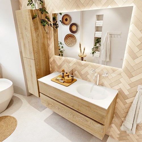 VICA 120cm mueble de baño Washed Oak 2 cajones. Lavabo MOON Derecho 1 orificio, color Talc.