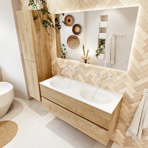 VICA 120cm mueble de baño Washed Oak 2 cajones. Lavabo MOON Doble sin orificio, color Talc.