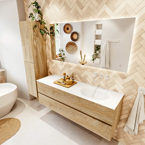 VICA 150cm mueble de baño Washed Oak 2 cajones. Lavabo MOON Derecho sin orificio, color Talc.
