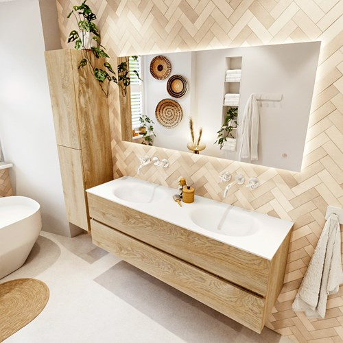 VICA 150cm mueble de baño Washed Oak 2 cajones. Lavabo MOON Doble sin orificio, color Talc.