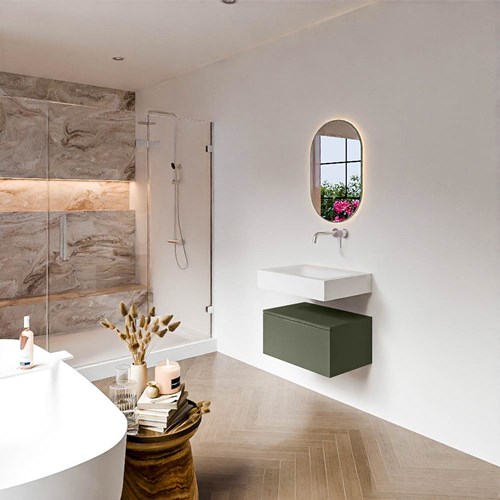 ALAN 60cm mueble de baño Army 1 cajón. Lavabo suspendido CLOUD Centro sin orificio color Talc.