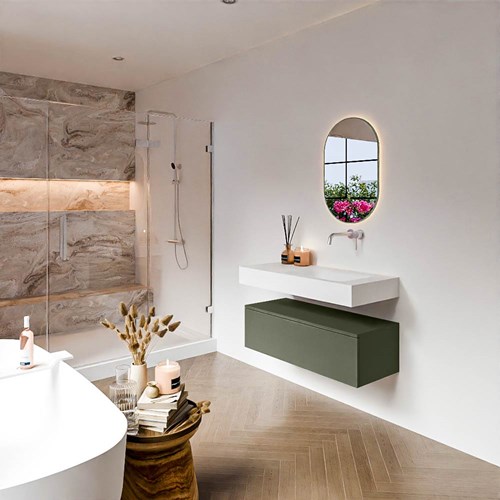 ALAN 100cm mueble de baño Army 1 cajón. Lavabo suspendido CLOUD Derecho sin orificio color Talc.