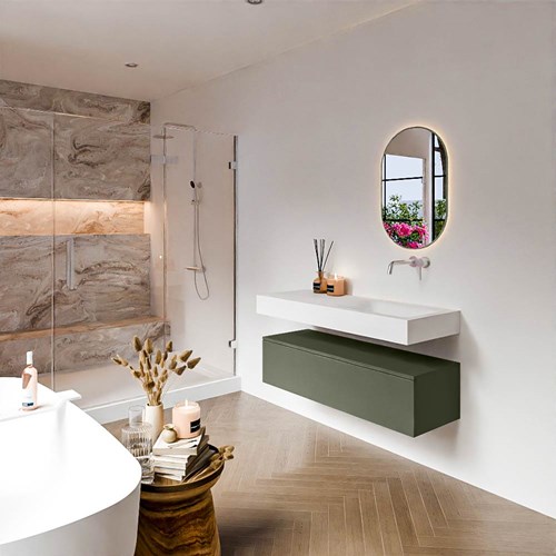 ALAN 120cm mueble de baño Army 1 cajón. Lavabo suspendido CLOUD Derecho sin orificio color Talc.