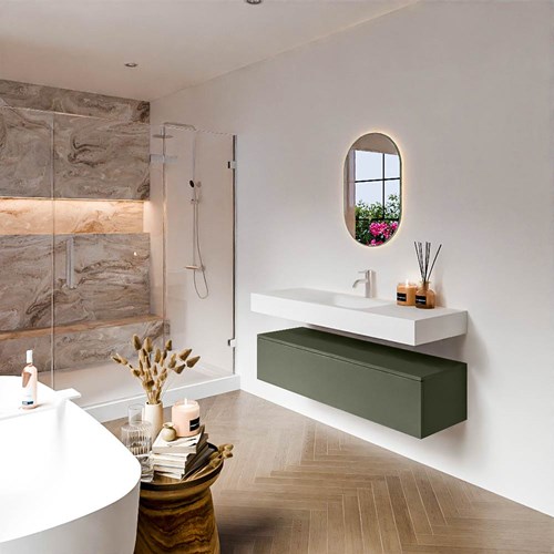 ALAN 130cm mueble de baño Army 1 cajón. Lavabo suspendido CLOUD Centro 1 orificio color Talc.