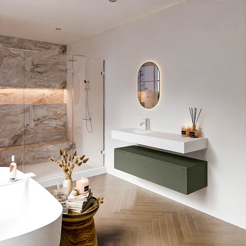 ALAN 130cm mueble de baño Army 1 cajón. Lavabo suspendido CLOUD Izquierda 1 orificio color Talc.