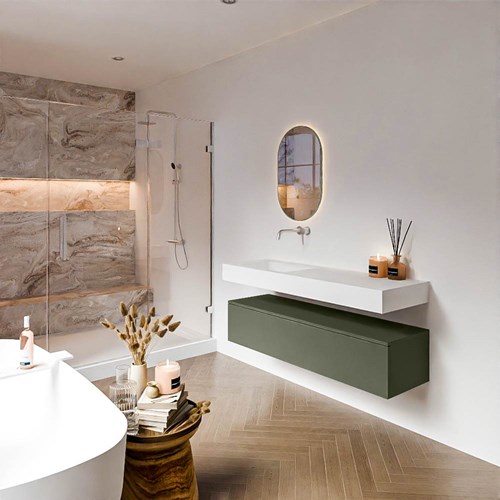 ALAN 140cm mueble de baño Army 1 cajón. Lavabo suspendido CLOUD Izquierda sin orificio color Talc.