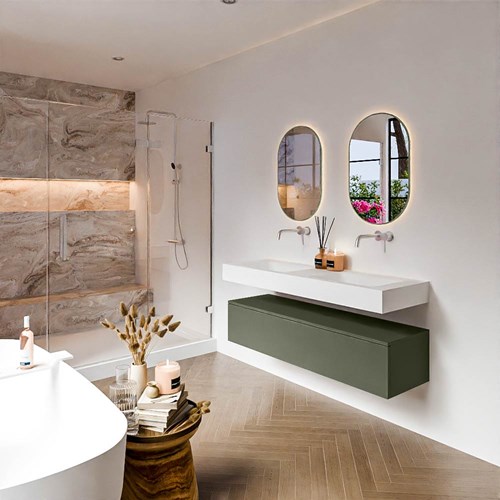 ALAN 140cm mueble de baño Army 1 cajón. Lavabo suspendido CLOUD Doble sin orificio color Talc.