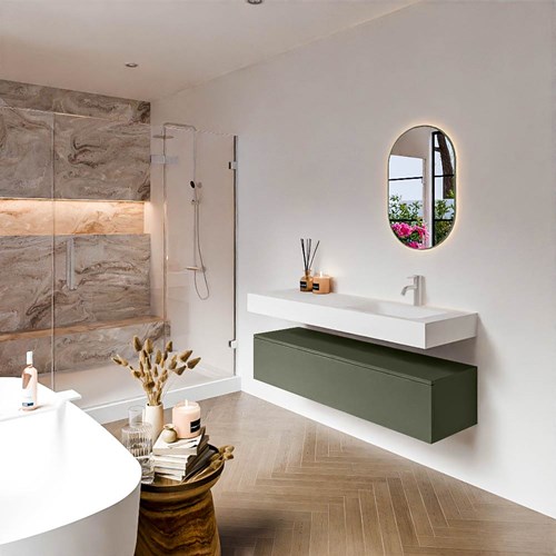 ALAN 140cm mueble de baño Army 1 cajón. Lavabo suspendido CLOUD Derecho 1 orificio color Talc.