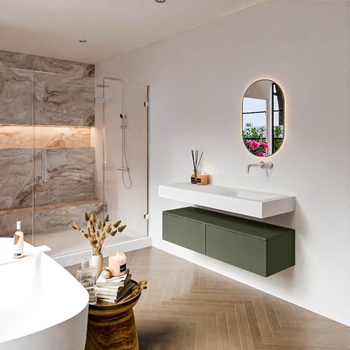 ALAN 130cm mueble de baño Army 2 cajones. Lavabo suspendido CLOUD Derecho sin orificio color Talc.