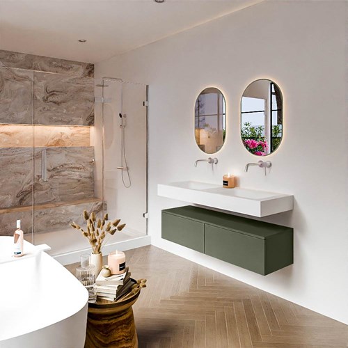 ALAN 130cm mueble de baño Army 2 cajones. Lavabo suspendido CLOUD Doble sin orificio color Talc.