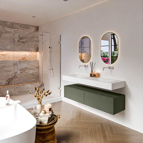ALAN 150cm mueble de baño Army 2 cajones. Lavabo suspendido CLOUD Doble sin orificio color Talc.