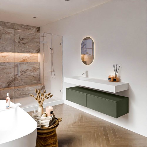 ALAN 150cm mueble de baño Army 2 cajones. Lavabo suspendido CLOUD Izquierda 1 orificio color Talc.