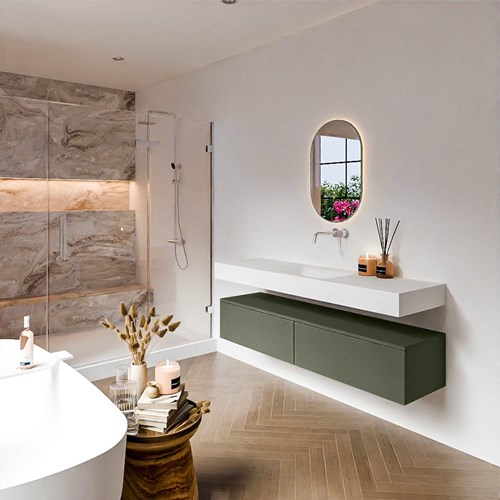 ALAN 160cm mueble de baño Army 2 cajones. Lavabo suspendido CLOUD Centro sin orificio color Talc.