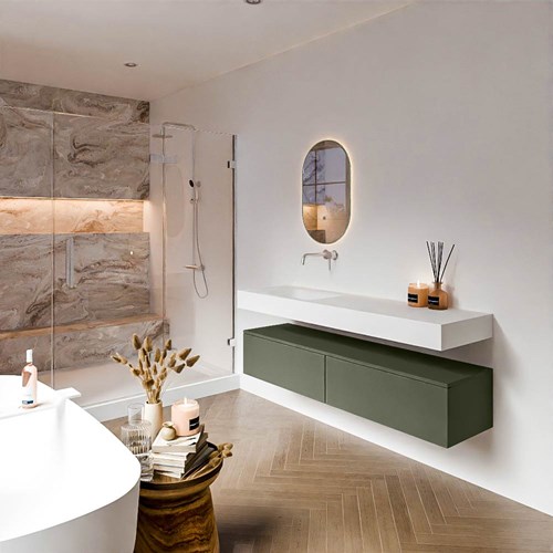 ALAN 160cm mueble de baño Army 2 cajones. Lavabo suspendido CLOUD Izquierda sin orificio color Talc.
