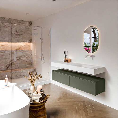 ALAN 160cm mueble de baño Army 2 cajones. Lavabo suspendido CLOUD Derecho sin orificio color Talc.