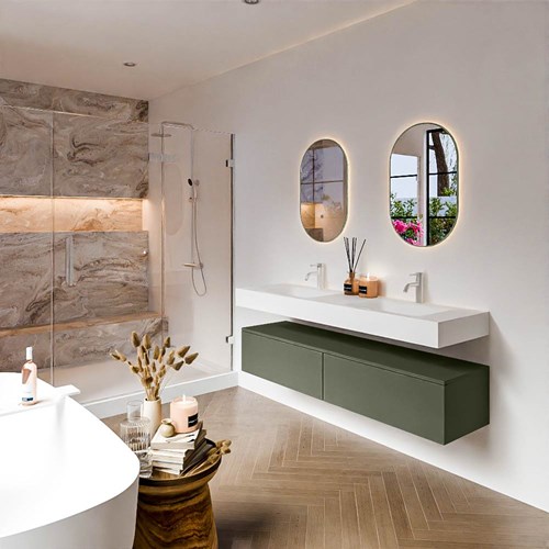 ALAN 160cm mueble de baño Army 2 cajones. Lavabo suspendido CLOUD Doble 2 orificios color Talc.