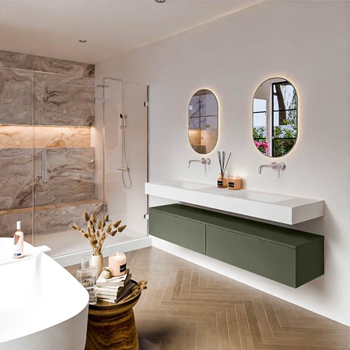 ALAN 180cm mueble de baño Army 2 cajones. Lavabo suspendido CLOUD Doble sin orificio color Talc.