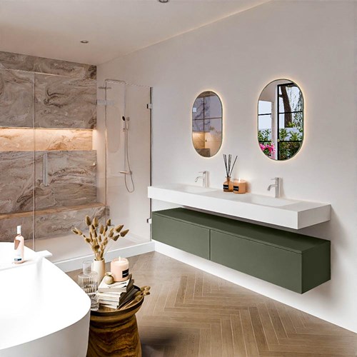 ALAN 180cm mueble de baño Army 2 cajones. Lavabo suspendido CLOUD Doble 2 orificios color Talc.