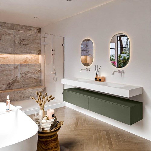 ALAN 190cm mueble de baño Army 2 cajones. Lavabo suspendido CLOUD Doble sin orificio color Talc.