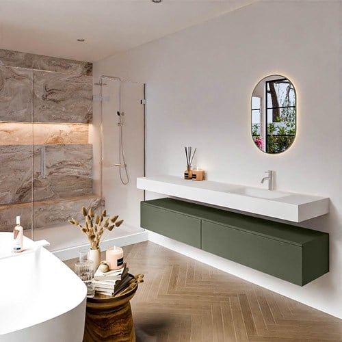 ALAN 200cm mueble de baño Army 2 cajones. Lavabo suspendido CLOUD Derecho 1 orificio color Talc.