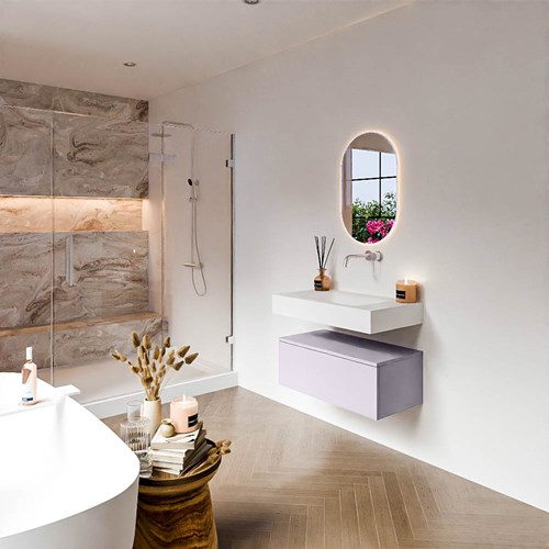 ALAN 80cm mueble de baño Cale 1 cajón. Lavabo suspendido CLOUD Centro sin orificio color Talc.