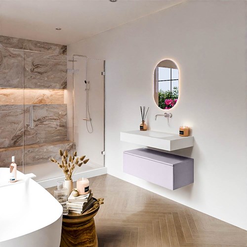 ALAN 90cm mueble de baño Cale 1 cajón. Lavabo suspendido CLOUD Centro sin orificio color Talc.