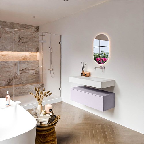 ALAN 100cm mueble de baño Cale 1 cajón. Lavabo suspendido CLOUD Derecho sin orificio color Talc.